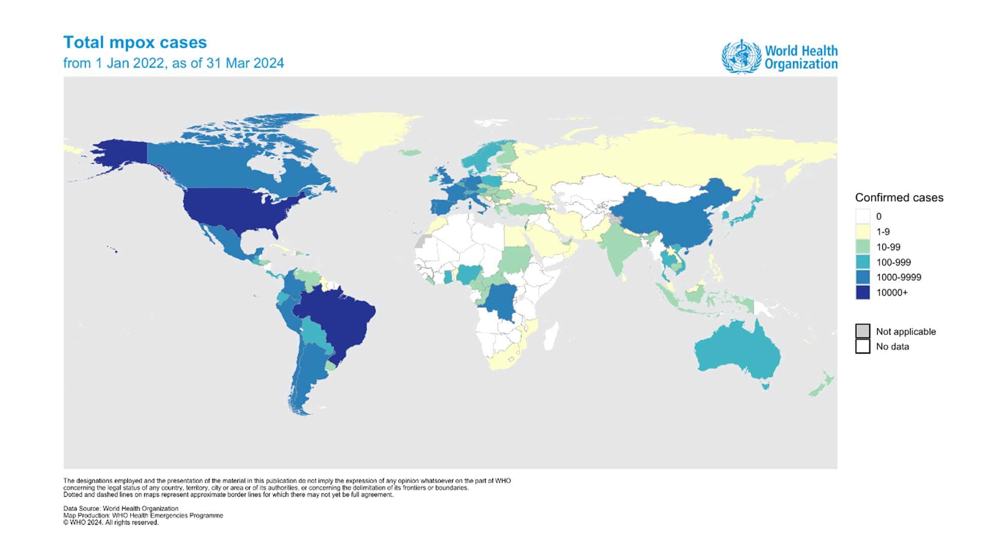 WHO international mpox global cases from 1 jan 2022 to 31 mar 2024